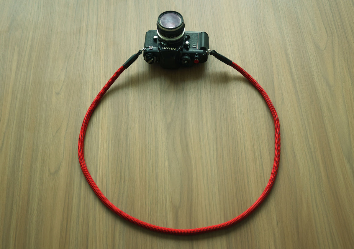 Crimson Trail Camera Strap – Handmade Red Climbing Rope with Black Leather