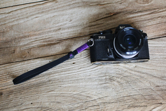 Black leather handmade camera wrist strap band violet | windmup.com - windmup