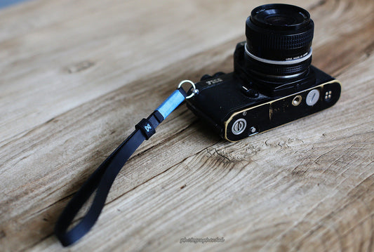 Black leather handmade camera wrist strap band sky blue | windmup.com - windmup