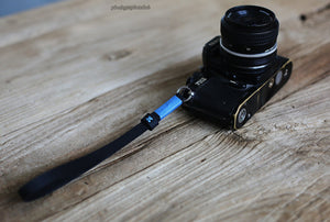 Black leather handmade camera wrist strap band sky blue | windmup.com - windmup