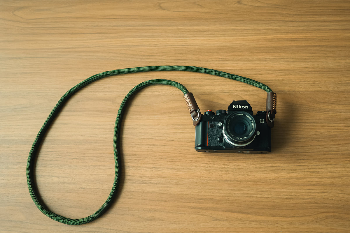 10mm army green climbing rope camera strap with tan leather ends