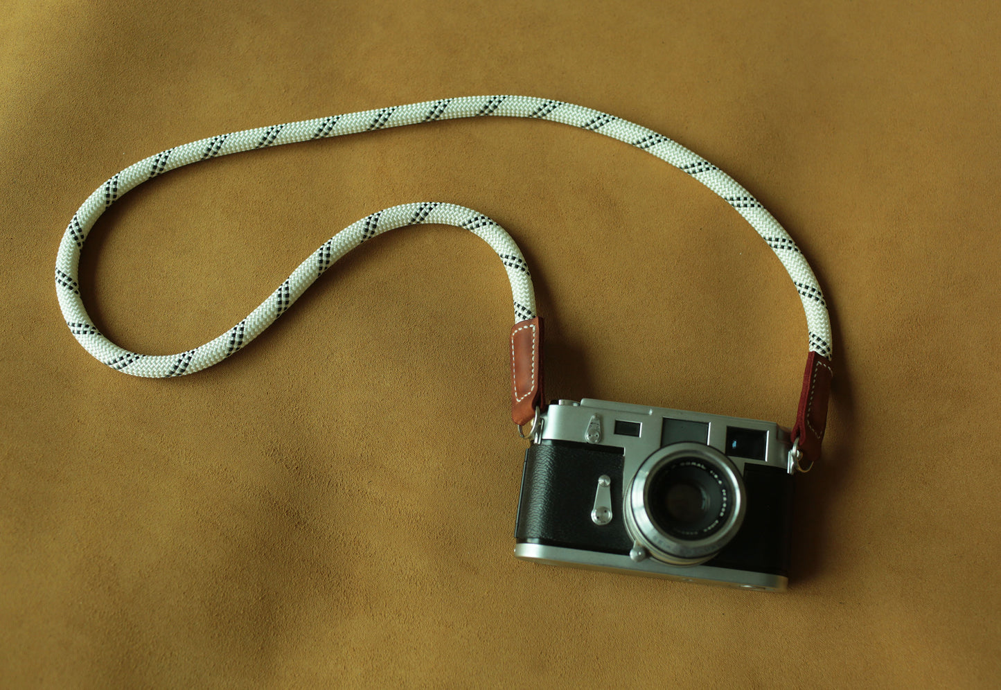 10mm white nylon rope strap featuring vintage brown leather connectors