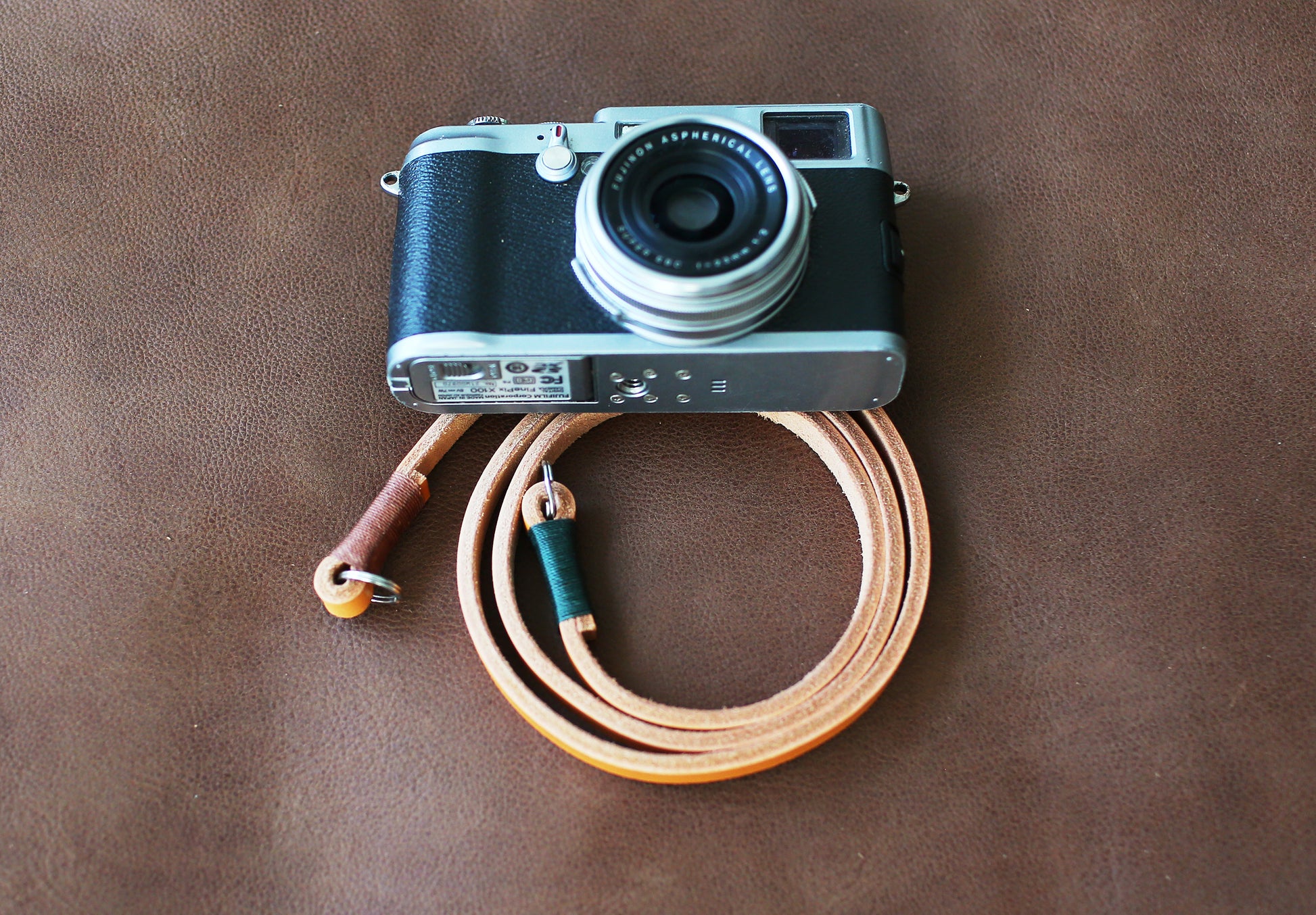Close-up of leather grain and stitching
camera strap