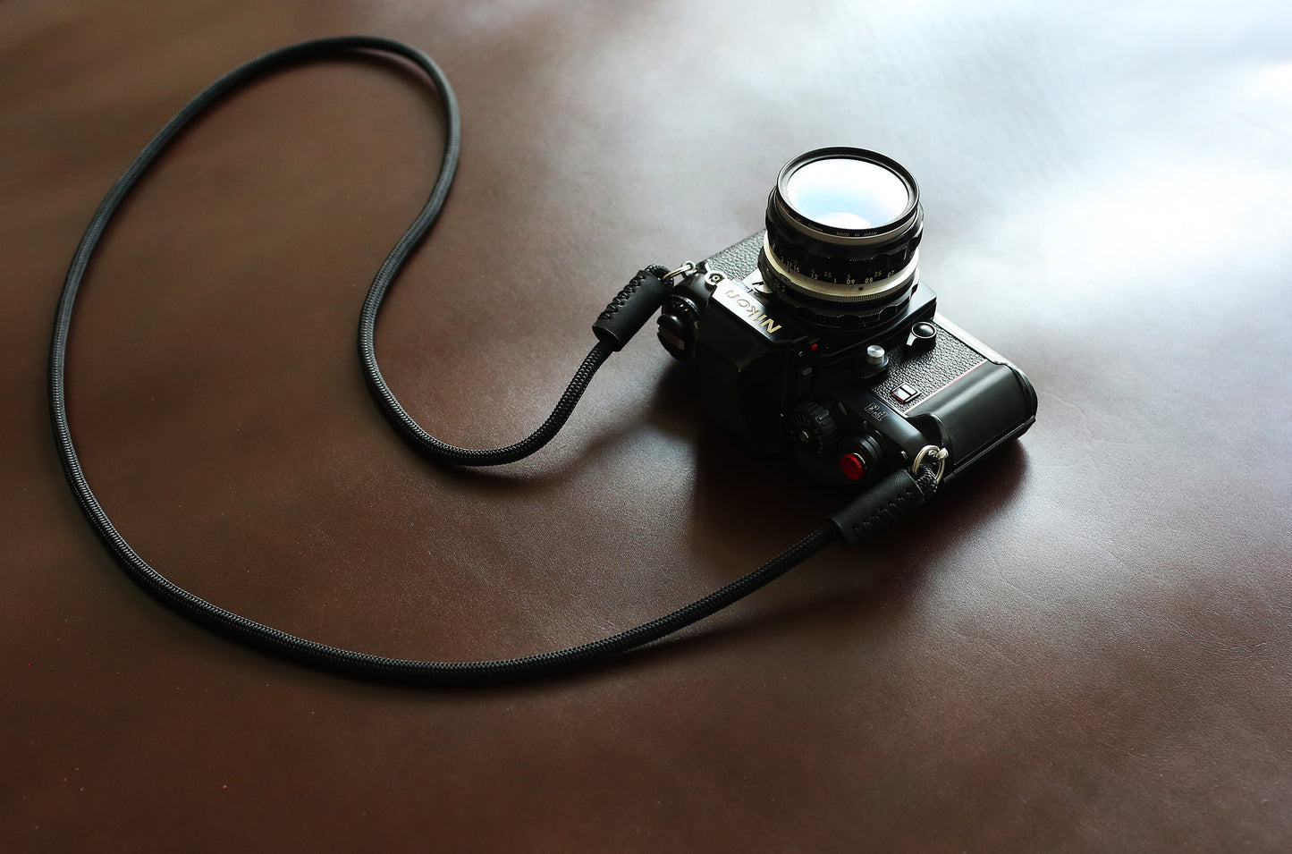 Black Climbing Rope & Leather Camera Strap – 6mm Handmade Neck/Shoulder