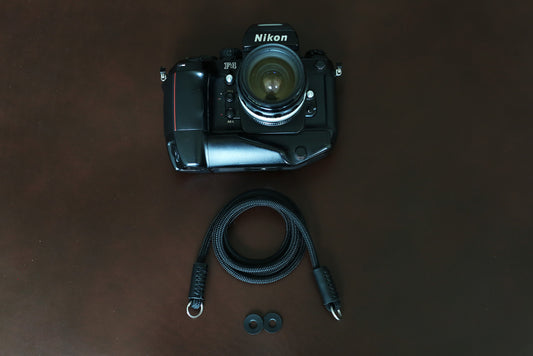 Black Climbing Rope & Leather Camera Strap – 6mm Handmade Neck/Shoulder