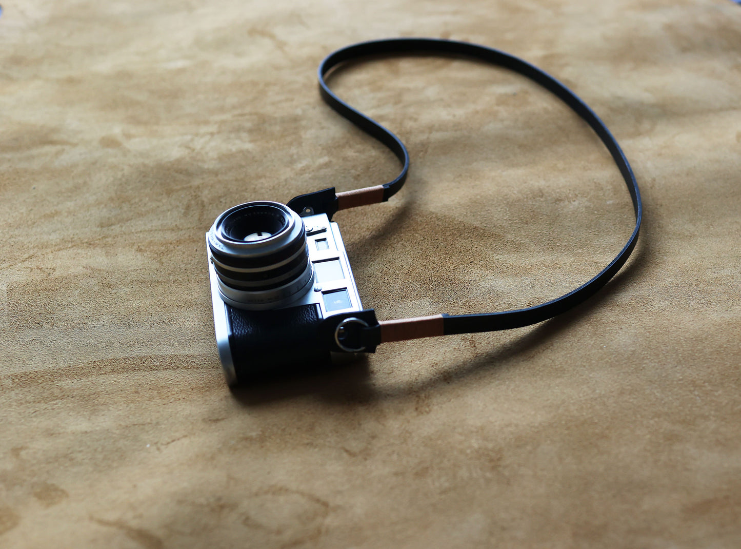 Windmup 10mm Black Leather Camera Neck Strap — Handmade Minimalist Elegance