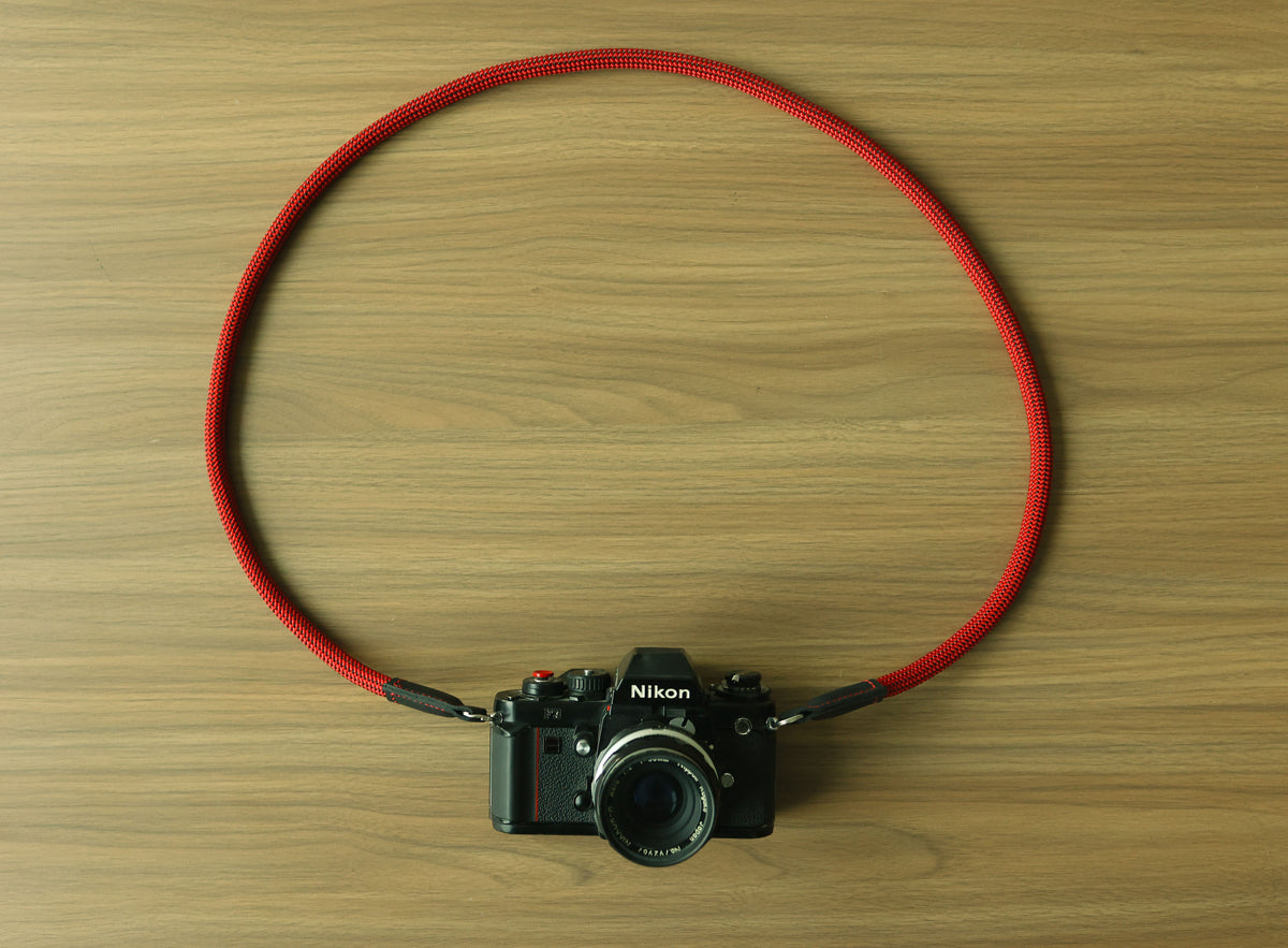 Crimson Trail Camera Strap – Handmade Red Climbing Rope with Black Leather