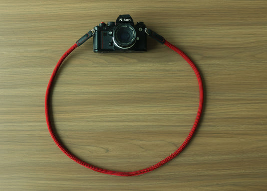 Crimson Trail Camera Strap – Handmade Red Climbing Rope with Black Leather