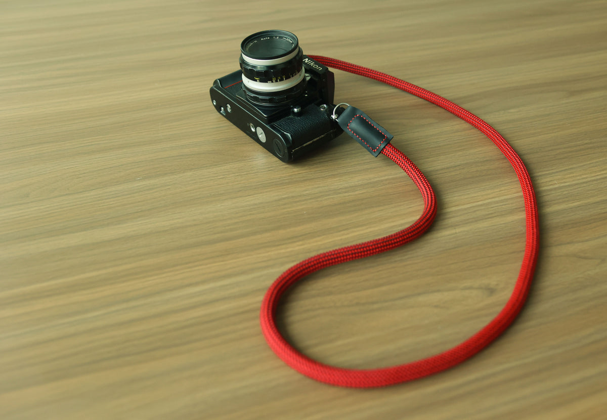 Crimson Trail Camera Strap – Handmade Red Climbing Rope with Black Leather