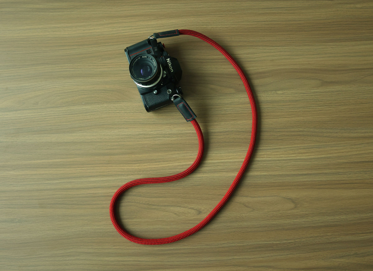 Crimson Trail Camera Strap – Handmade Red Climbing Rope with Black Leather
