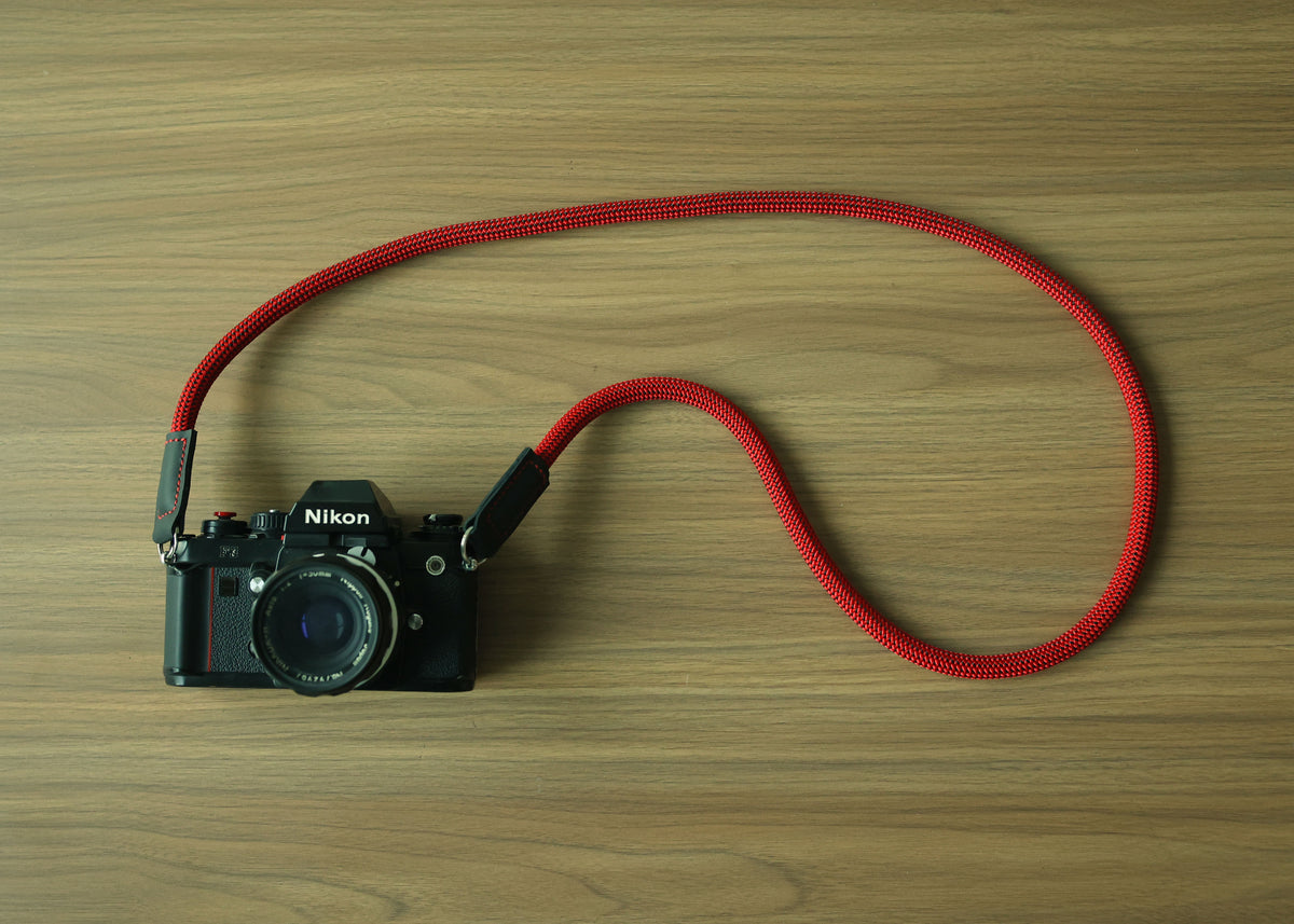 Crimson Trail Camera Strap – Handmade Red Climbing Rope with Black Leather