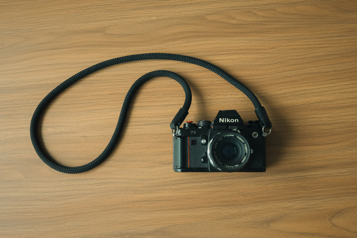 Black full-grain leather end of The Stealth camera strap