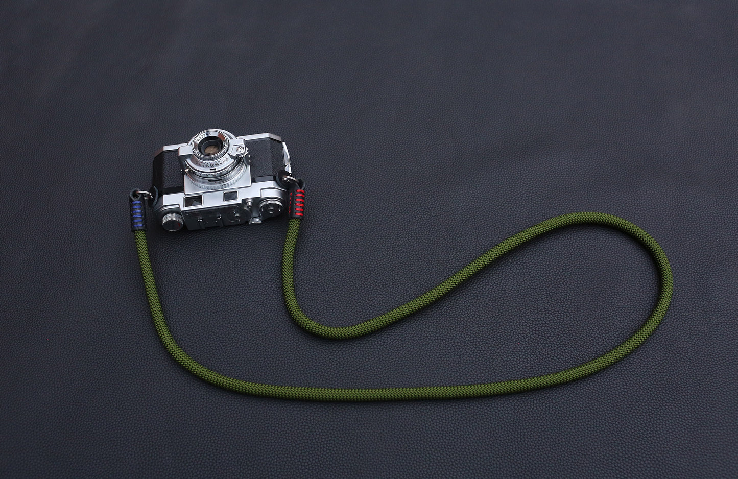 black green climbing rope camera strap with black leather ends