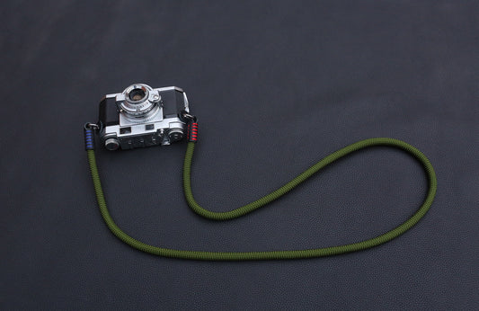 black green climbing rope camera strap with black leather ends