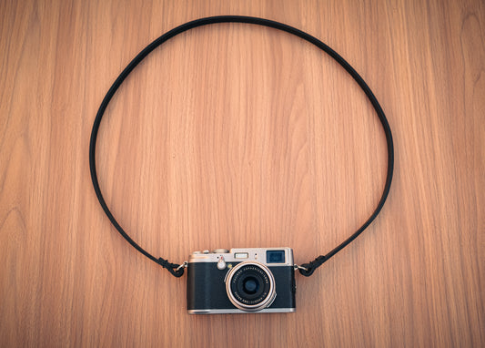 Handmade 10mm black full-grain buffalo leather camera strap by Windmup