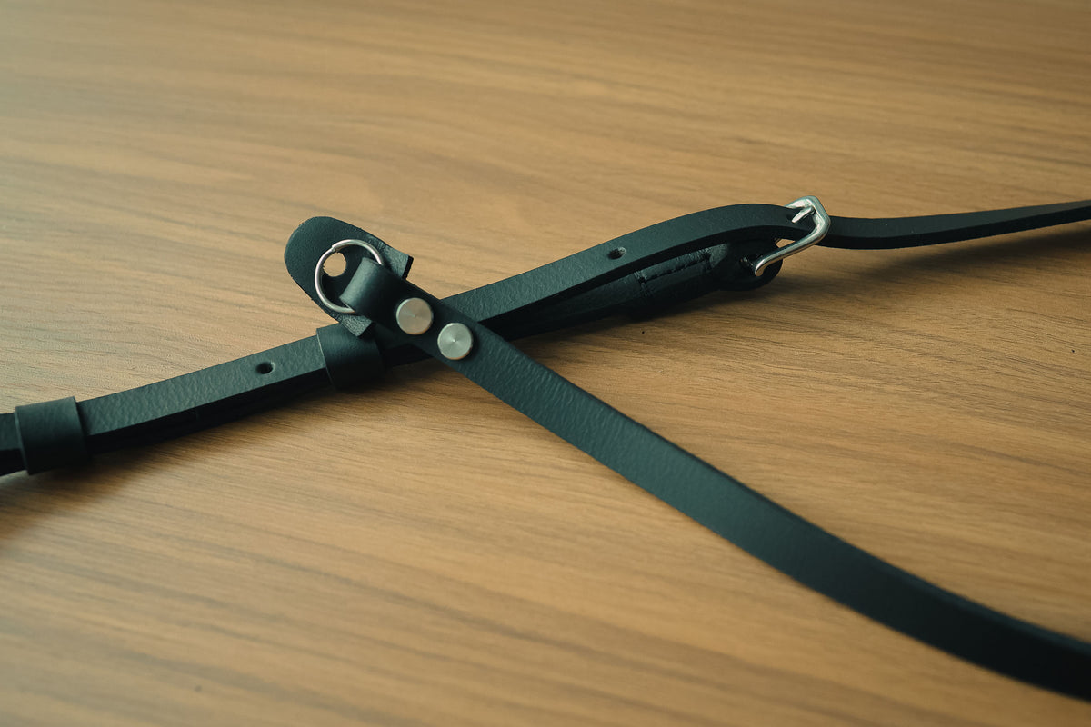 Close-up of adjustable leather strap and reinforced leather loops