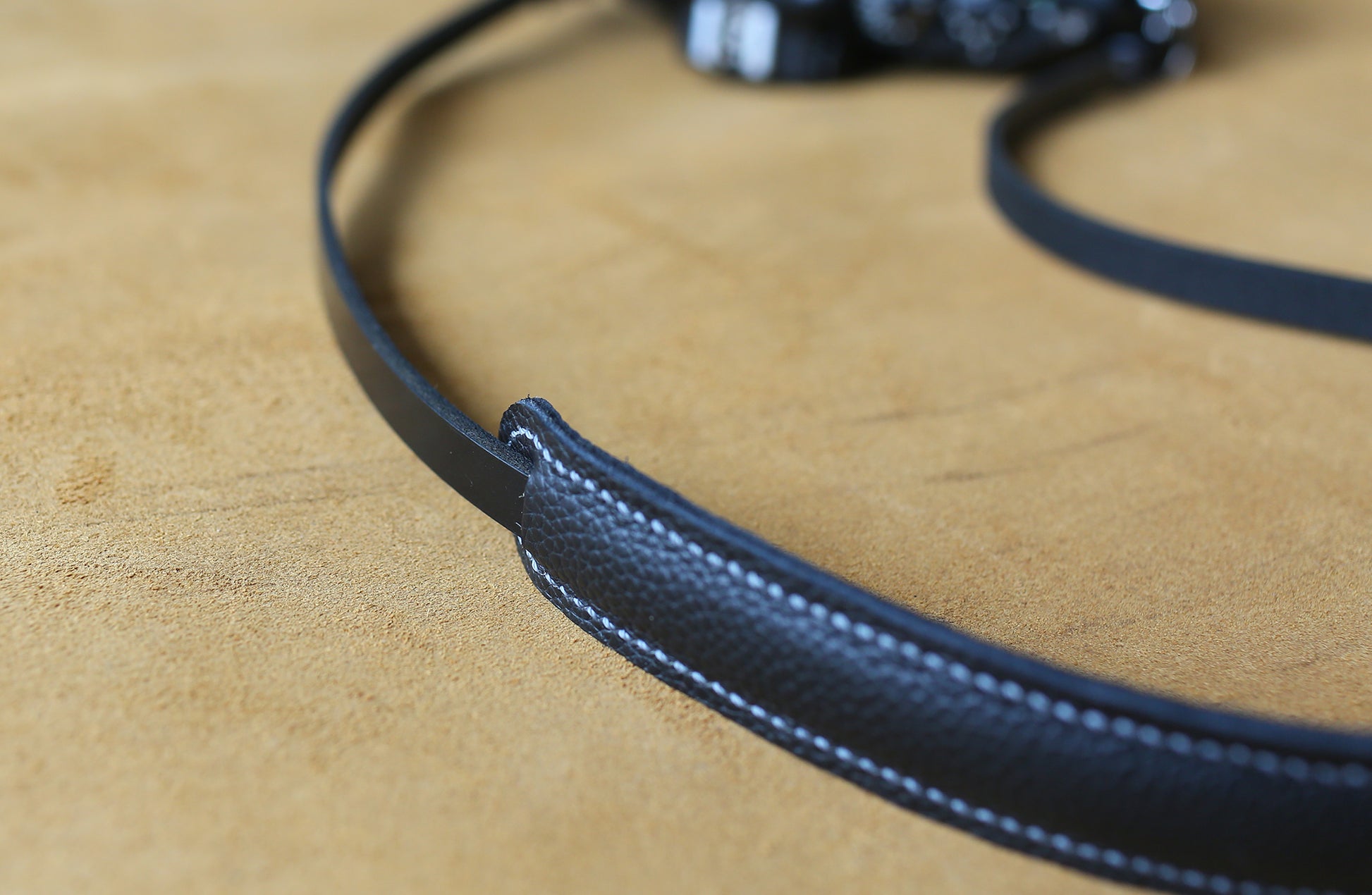 Handmade artisan camera strap in black leather