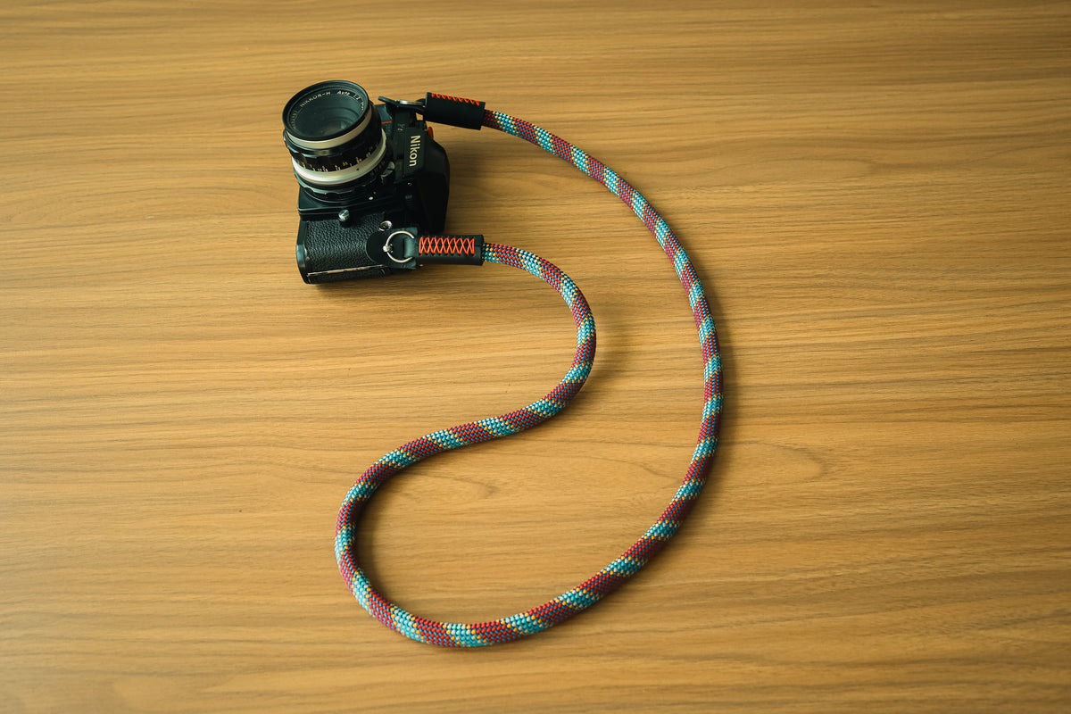 Red patterned climbing rope camera strap
