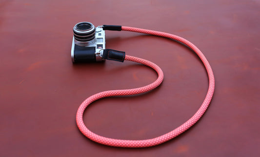 10mm Spotted Crimson climbing rope camera strap with matte black leather