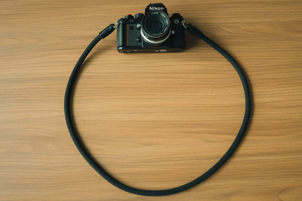 The Stealth 10mm black climbing rope camera strap with leather ends