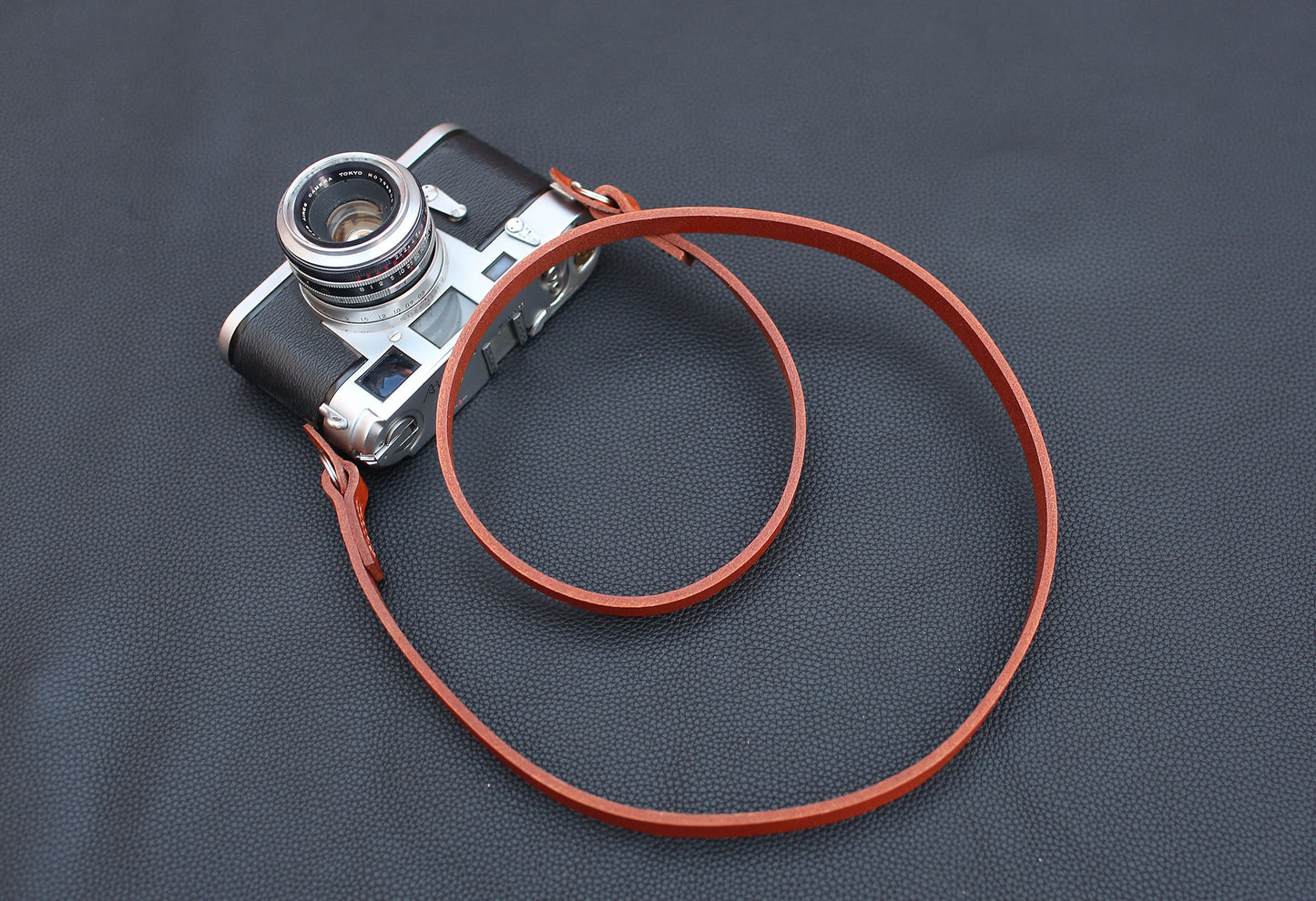 13mm wide tan leather camera strap