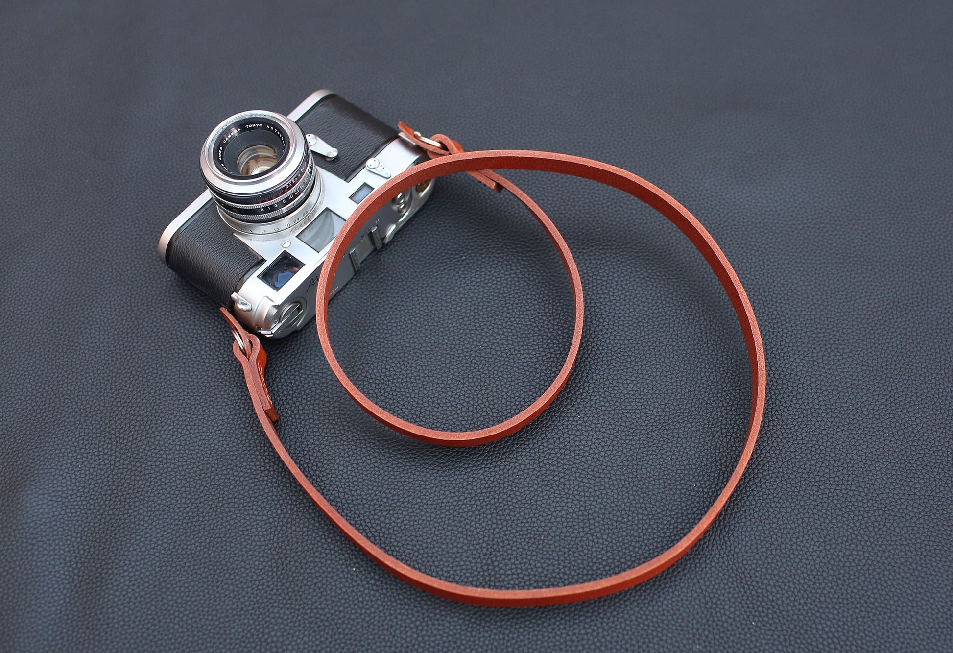13mm wide tan leather camera strap