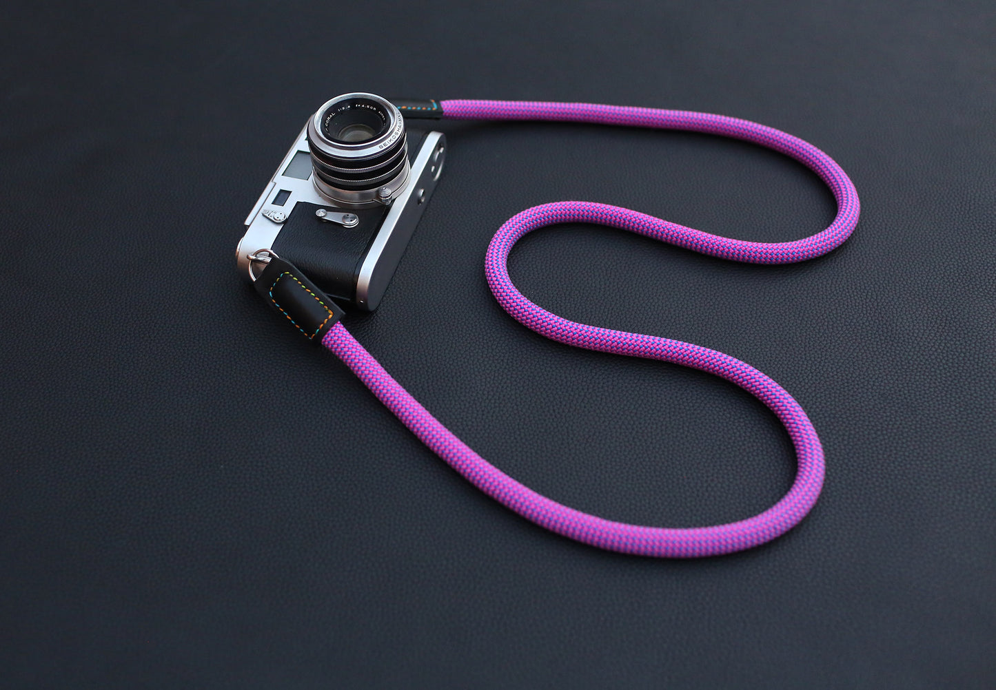 purple climbing rope camera strap with full-grain leather ends