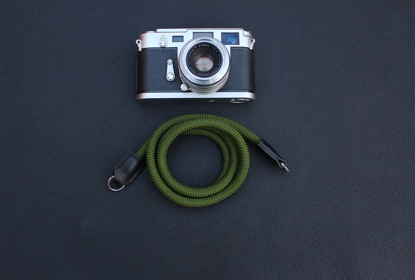 upgraded army green rope camera strap with thicker veg tan leather ends