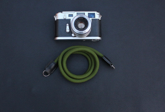 upgraded army green rope camera strap with thicker veg tan leather ends