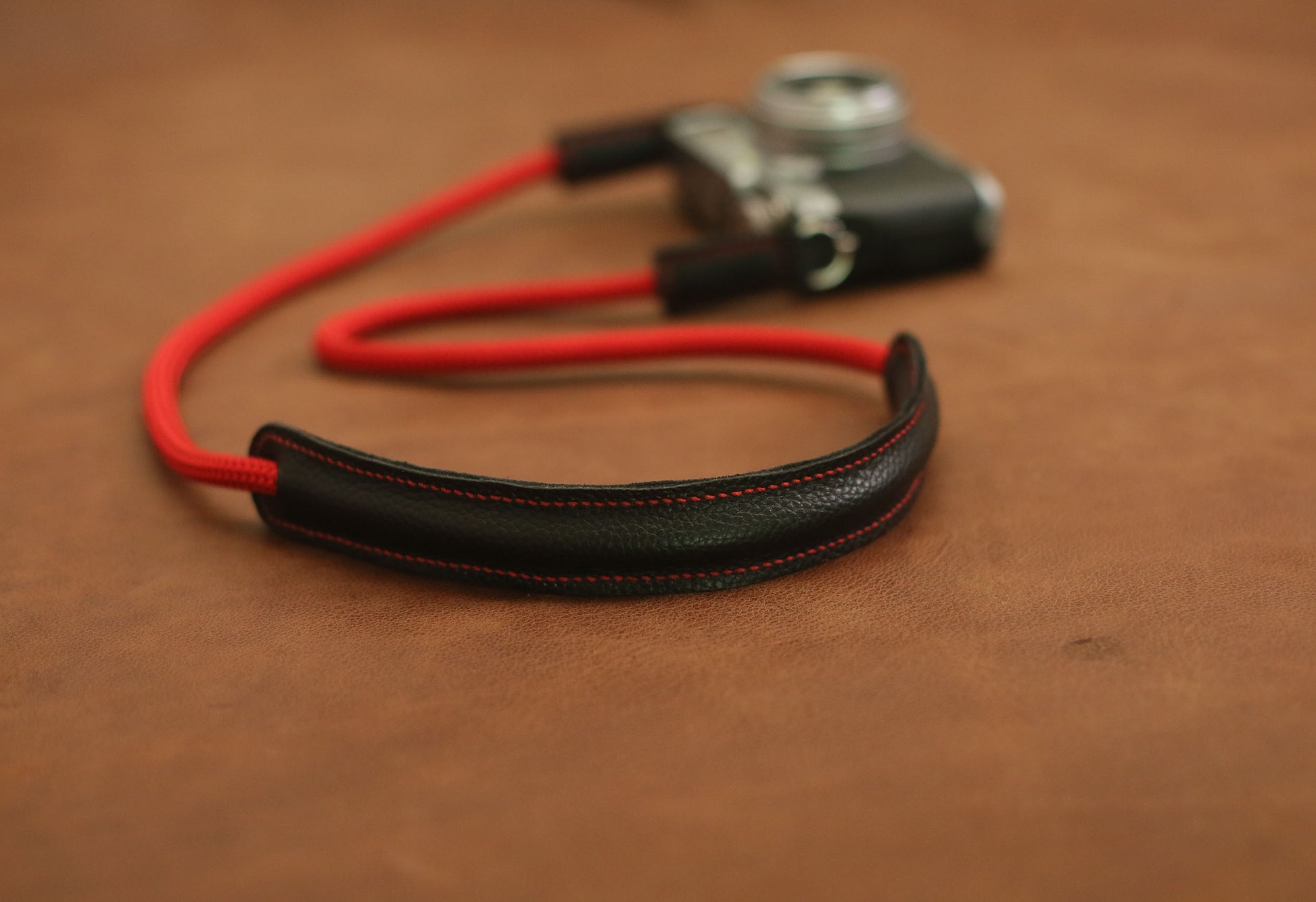 Premium leather and rope camera strap in red and black