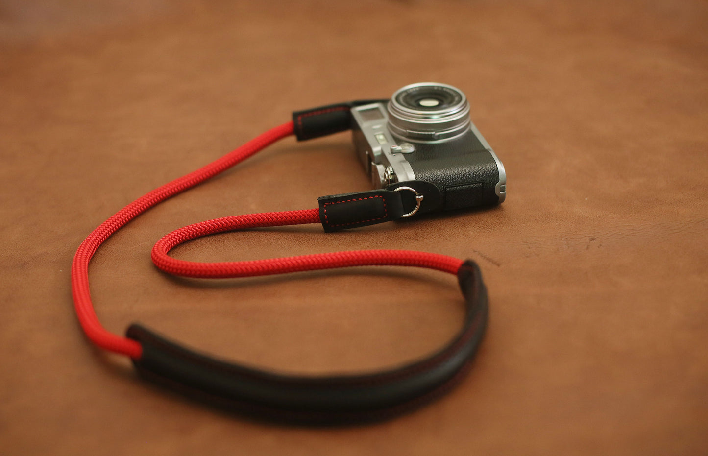 8mm red climbing rope camera strap with black leather shoulder pad