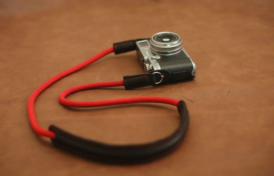 8mm red climbing rope camera strap with black leather shoulder pad