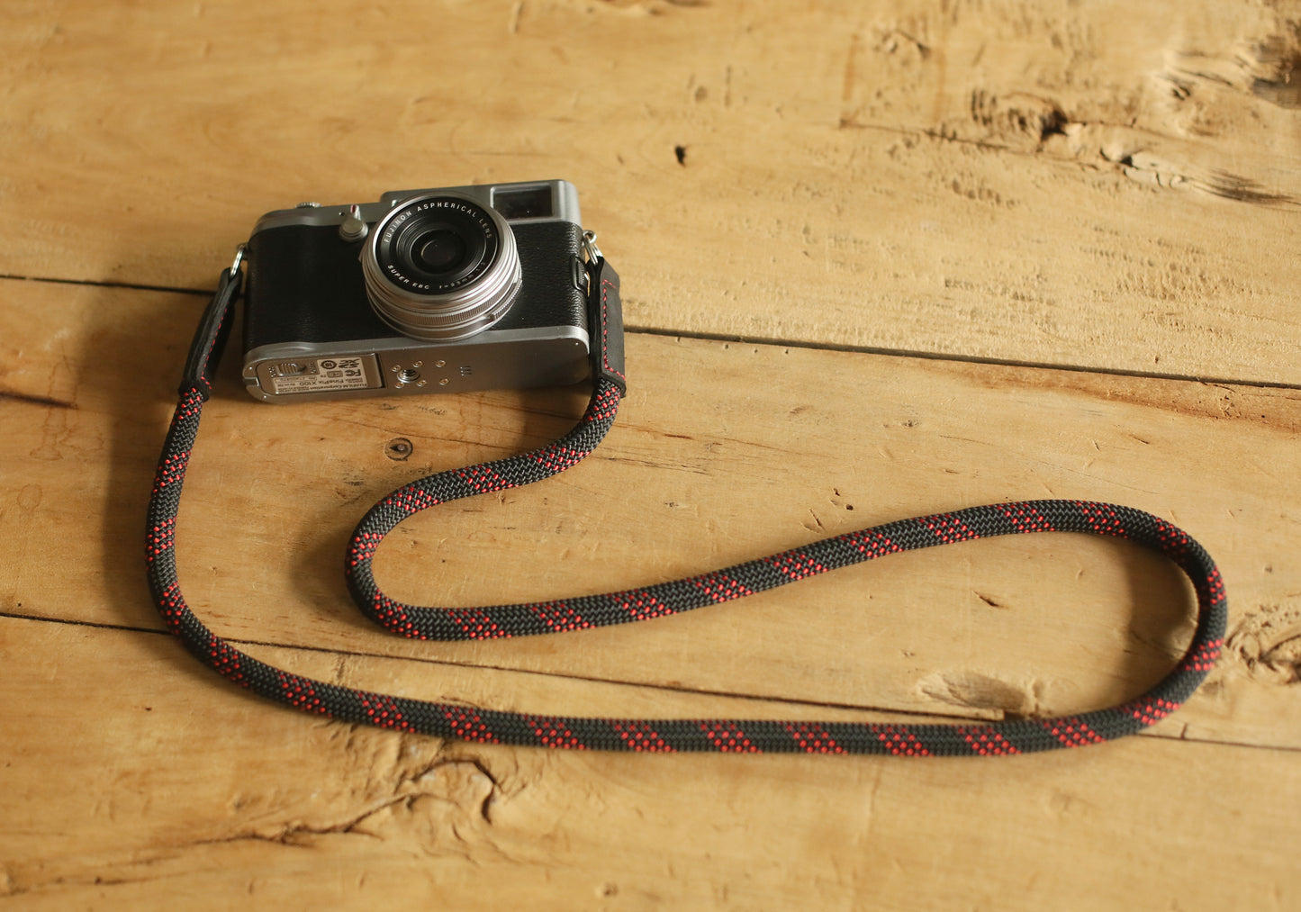 handmade 9mm climbing rope camera strap in black and red