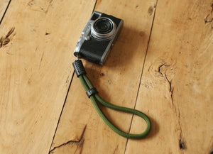 Army green soft handmade camera wrist strap band climbing rope black leather 10mm  | Windmup - windmup