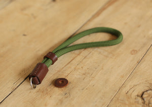 Army green soft camera wrist strap band 10mm climbing rope handmade tan leather | windmup - windmup