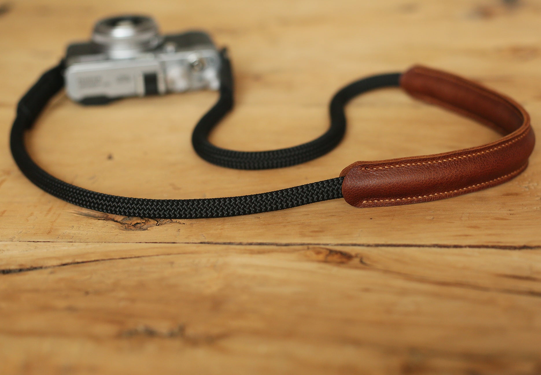 10mm climbing rope camera strap with stitched leather ends