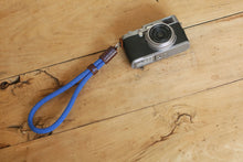 Blue camera wrist strap band soft climbing rope 10mm handmade tan leather | Windmup - windmup