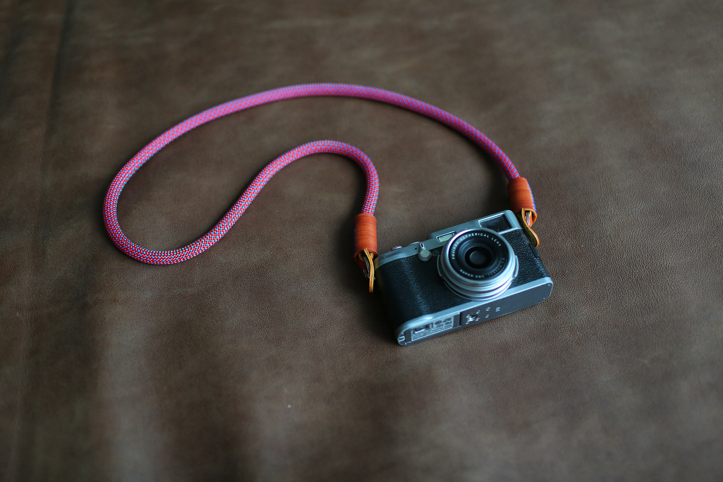    COOL Red blue Spot Climbing rope 10mm brown leather handmade Camera strap