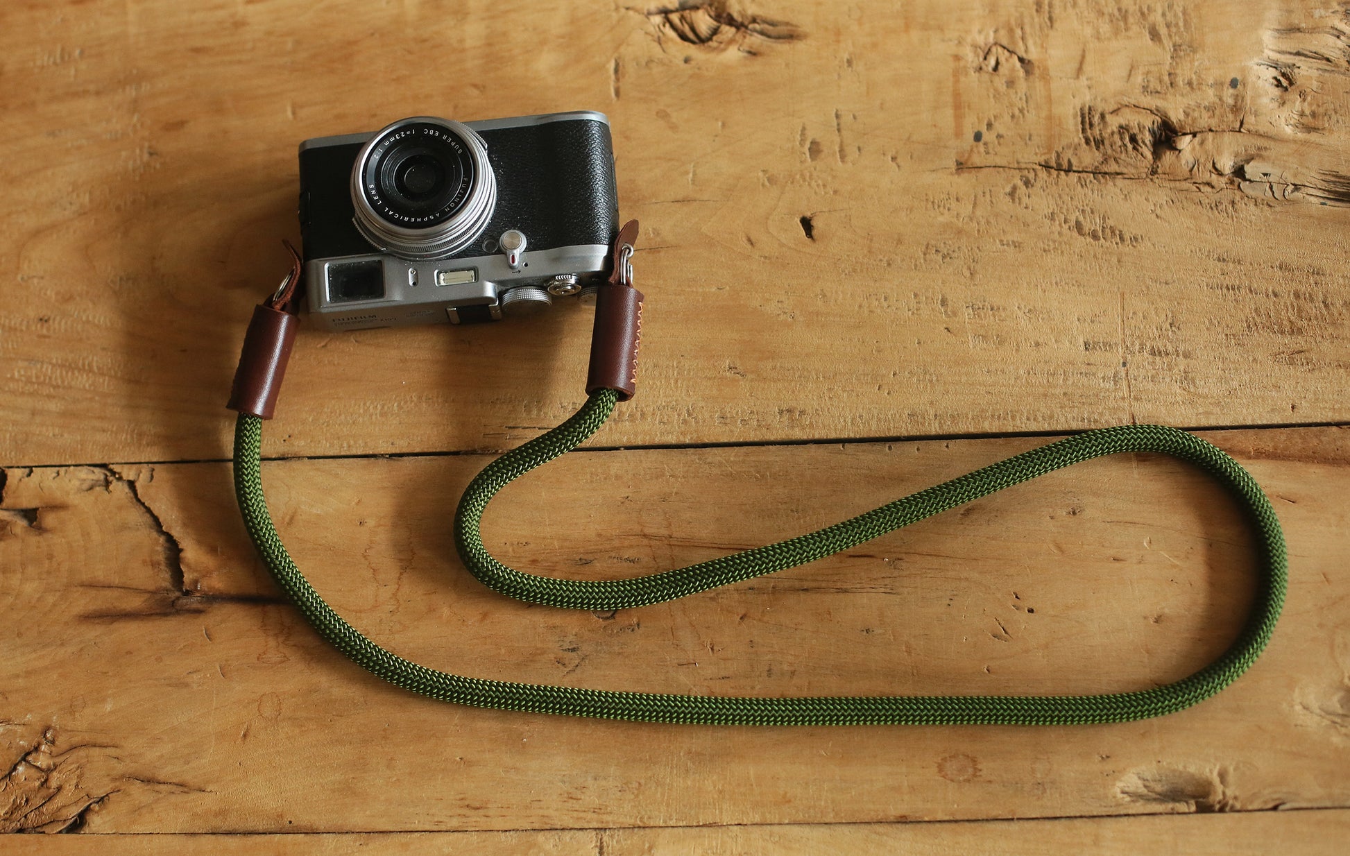Camera neck strap army green climbing rope tan leather B type | Windmup.com - windmup