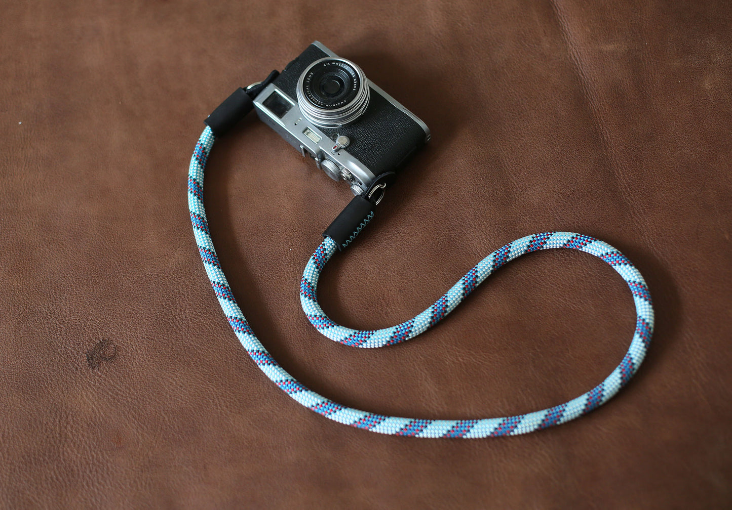 Camera neck strap Pale blue pattern black leather Hand sewing B type | Windmup - windmup