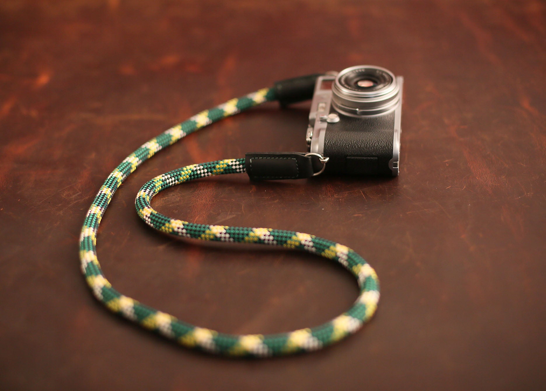 Handmade green pattern climbing rope camera strap by Windmup