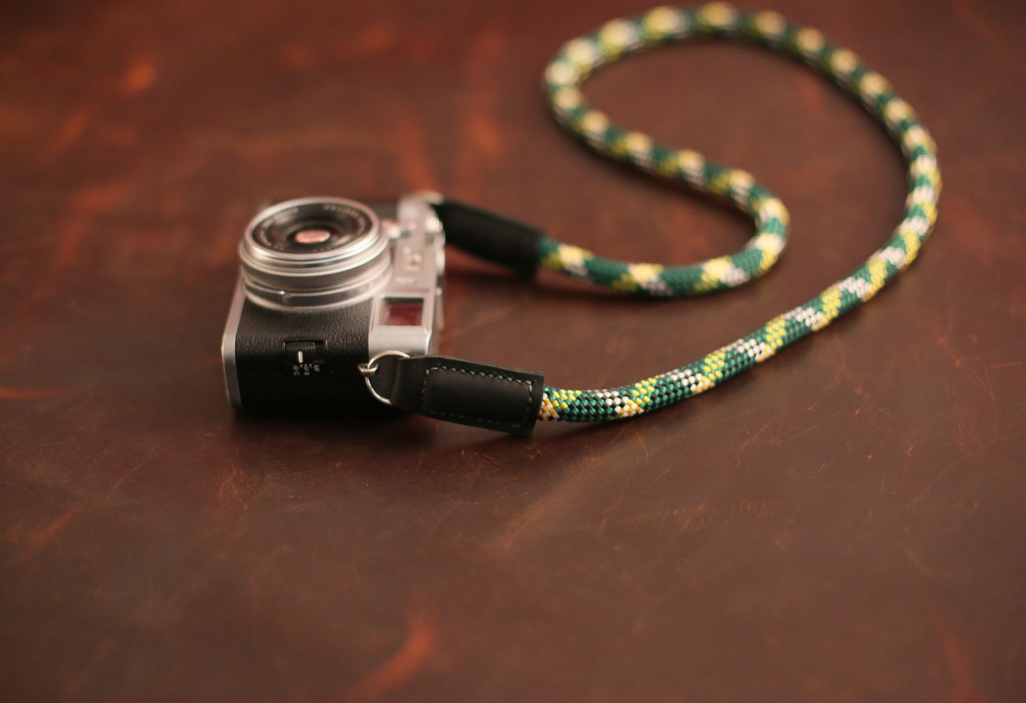 Soft handcrafted leather end on rope camera strap