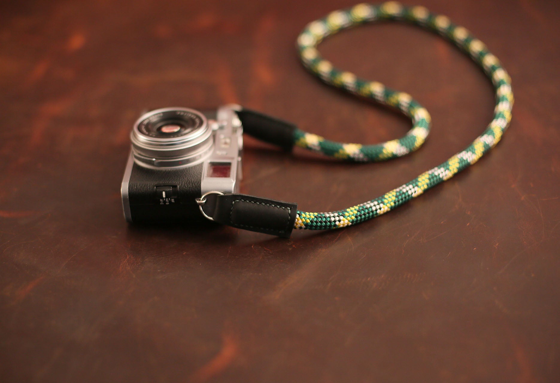 Soft handcrafted leather end on rope camera strap