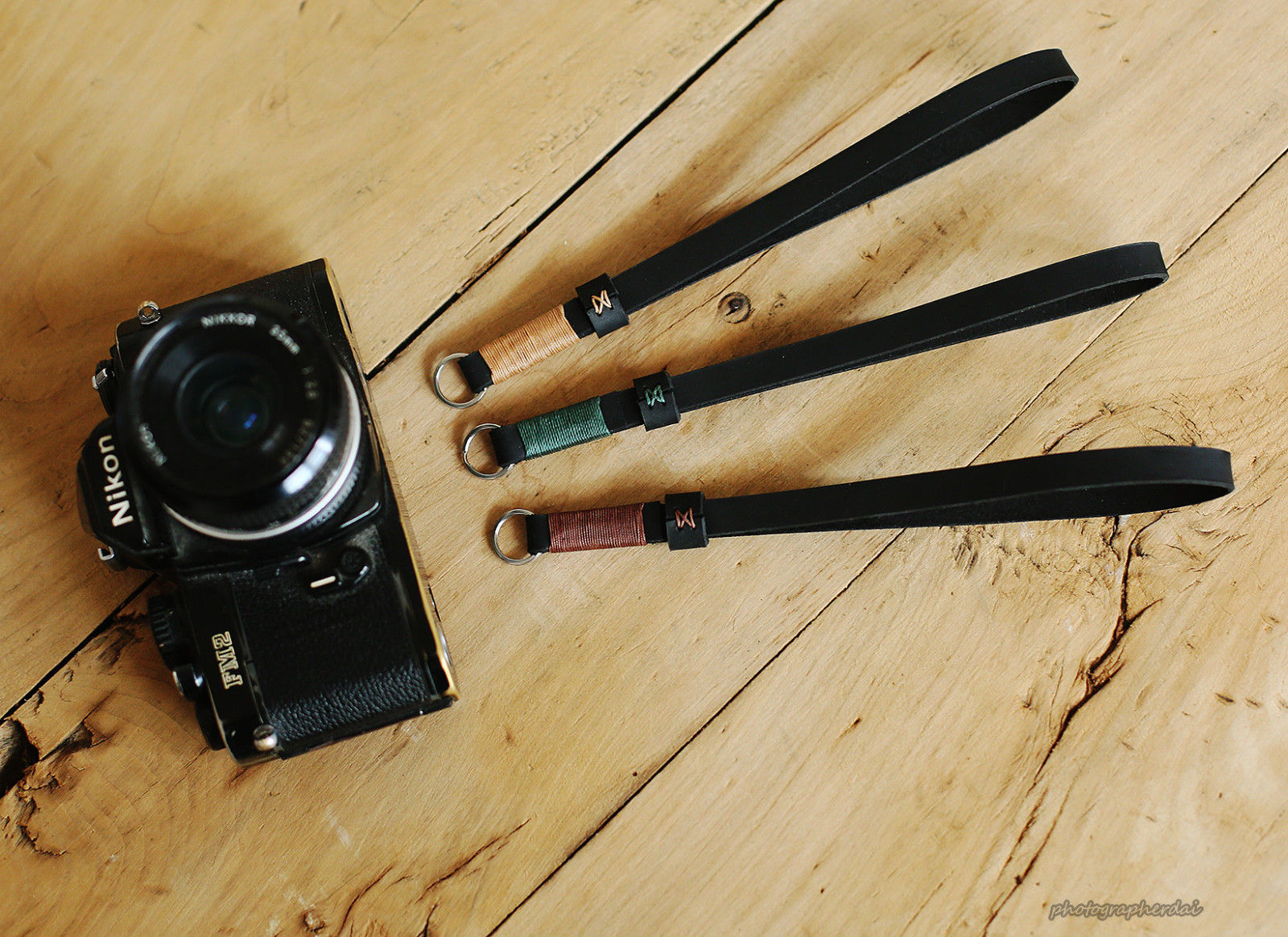 Black leather handmade camera wrist strap band coffee | Windmup.com - windmup