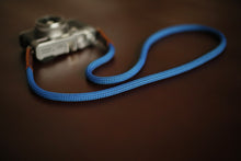 Camera neck shoulder strap handmade blue black spot climbing rope tan leather | windmup - windmup