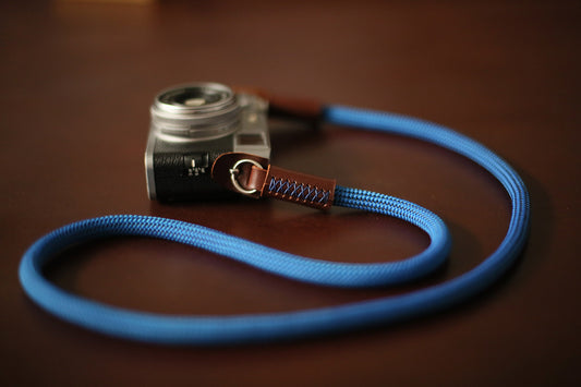 Camera neck strap blue and black climbing rope tan leather  | Windmup.com - windmup