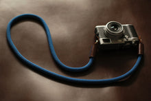 Camera neck strap blue and black climbing rope tan leather  | Windmup.com - windmup