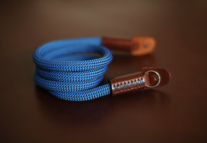 Camera neck strap blue and black climbing rope tan leather  | Windmup.com - windmup