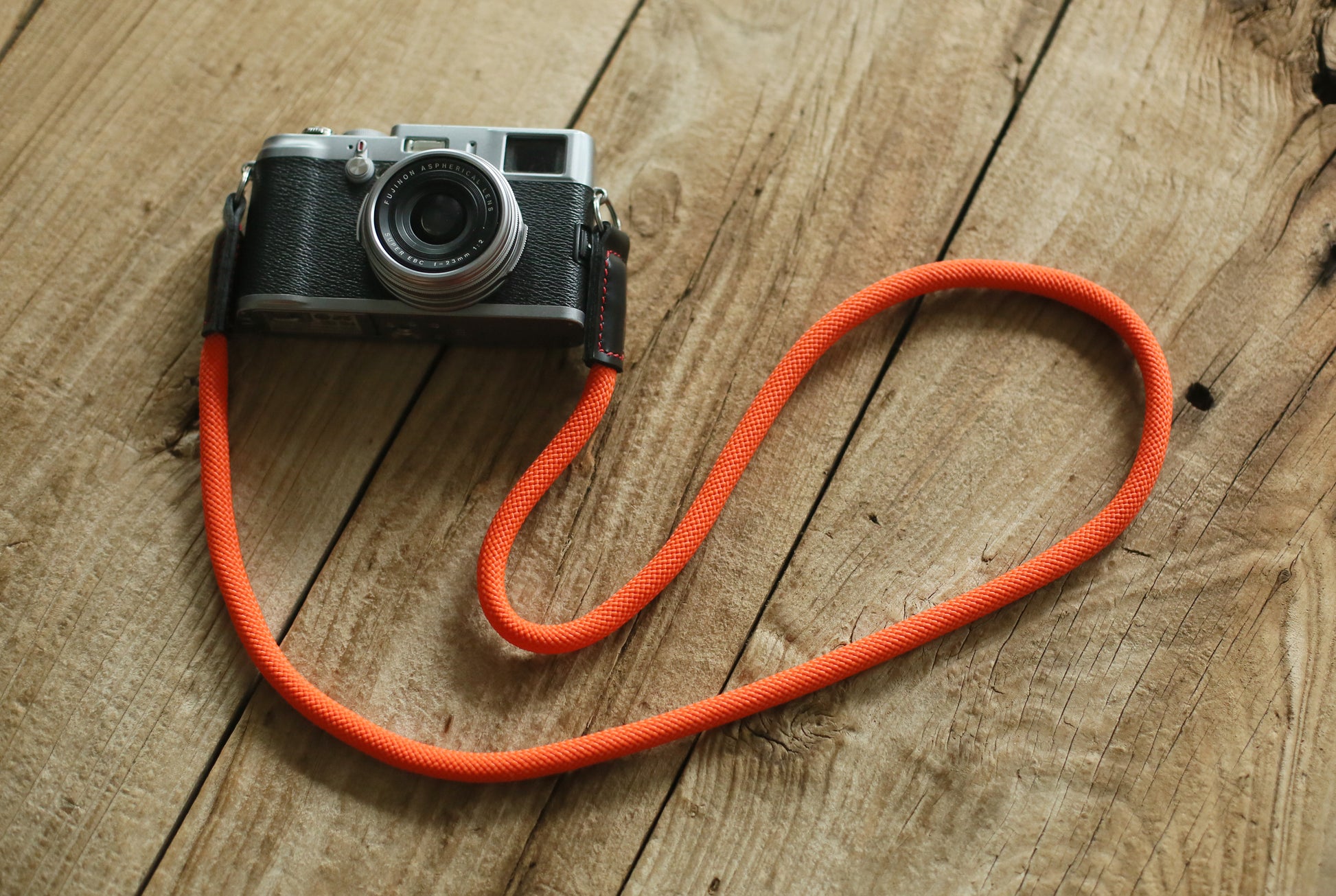 Camera strap handmade pure orange climbing rope black leather | windmup.com - windmup