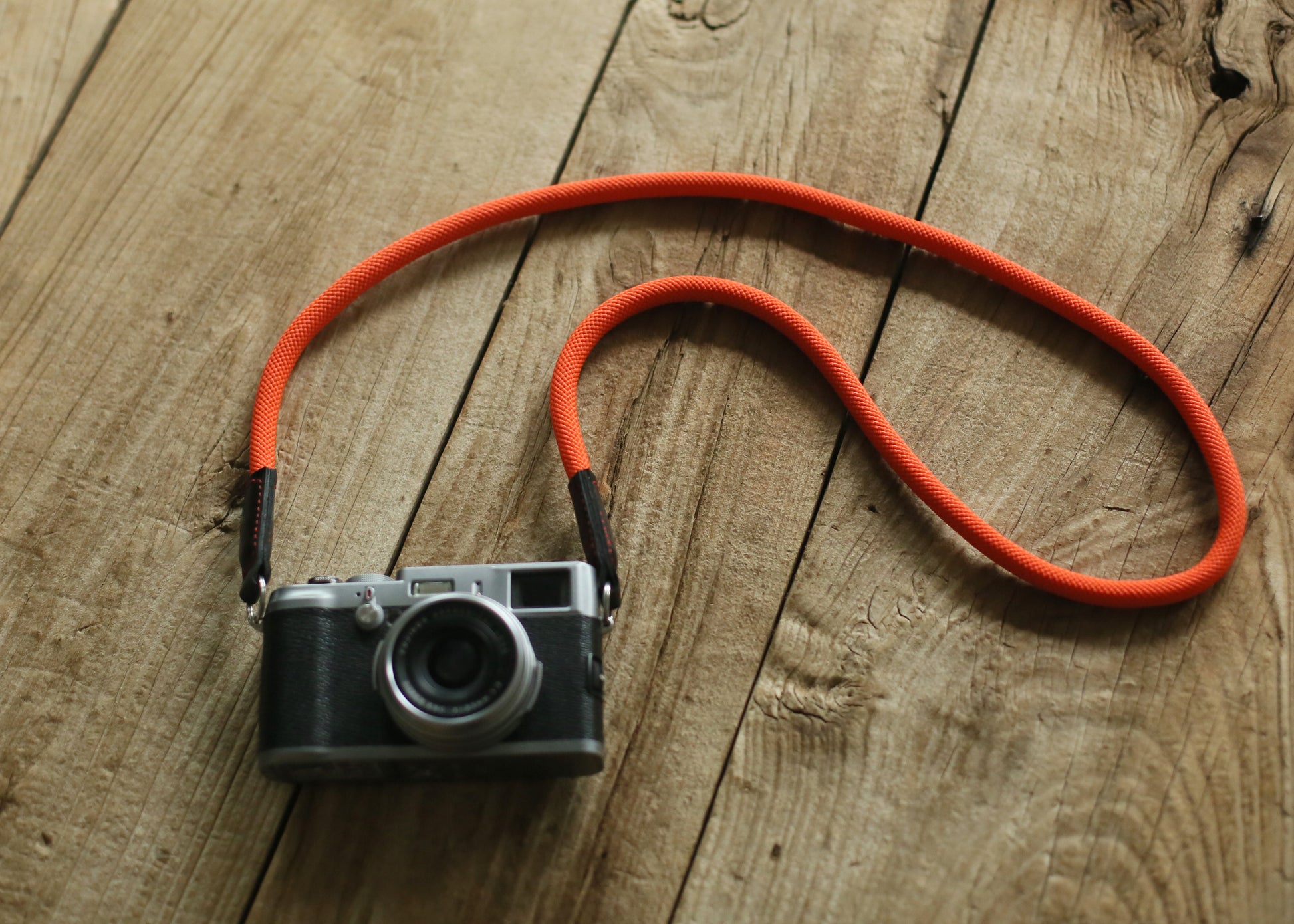 Camera strap handmade pure orange climbing rope black leather | windmup.com - windmup